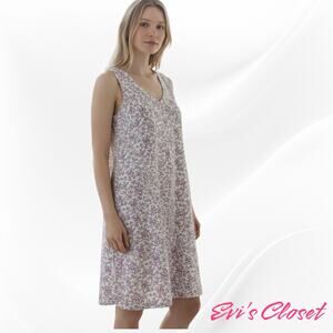 Loft Women's Linen Blend Dress Sz L White Pink Ivory Floral Loose Swingy Fit
